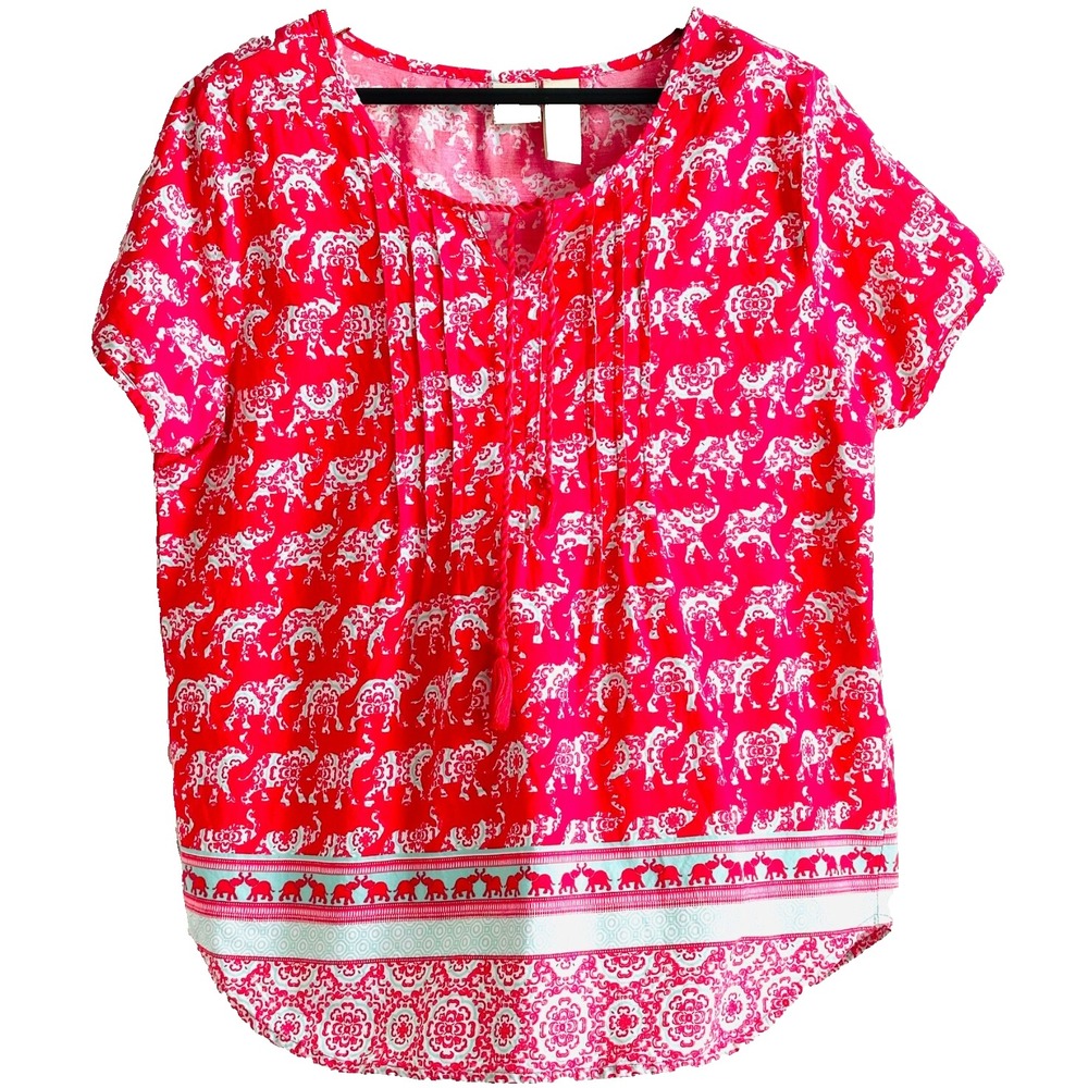 CARIBBEAN JOE Boho Red & Aqua Elephant Cotton Short Sleeve Top Women's Large